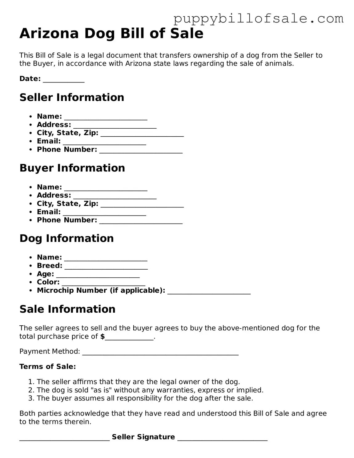 Dog Bill of Sale Document for Arizona State