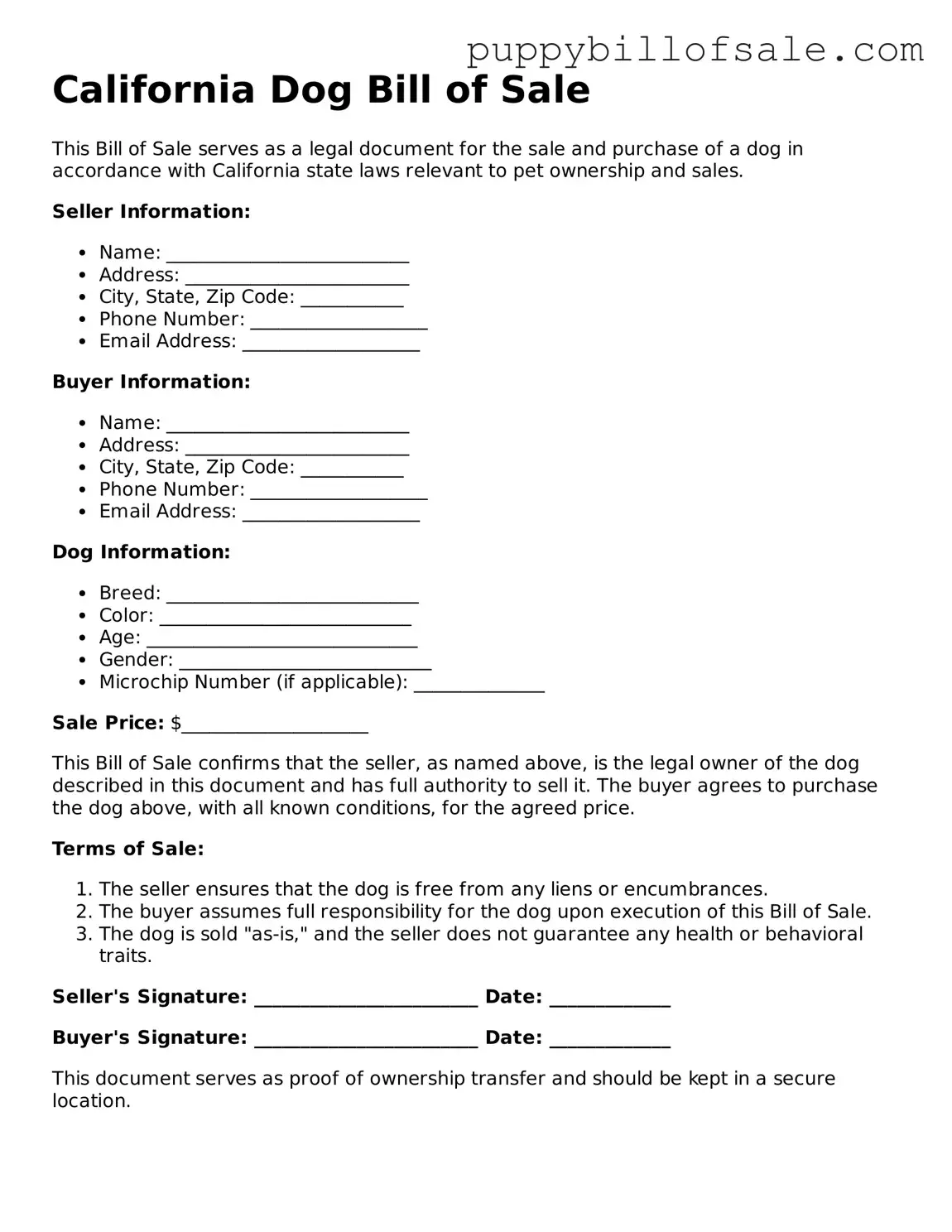 Dog Bill of Sale Document for California State