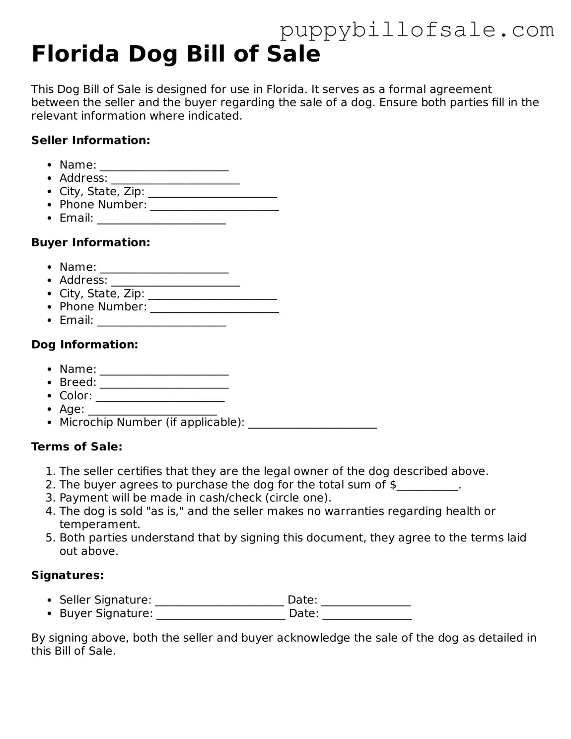 Dog Bill of Sale Document for Florida State