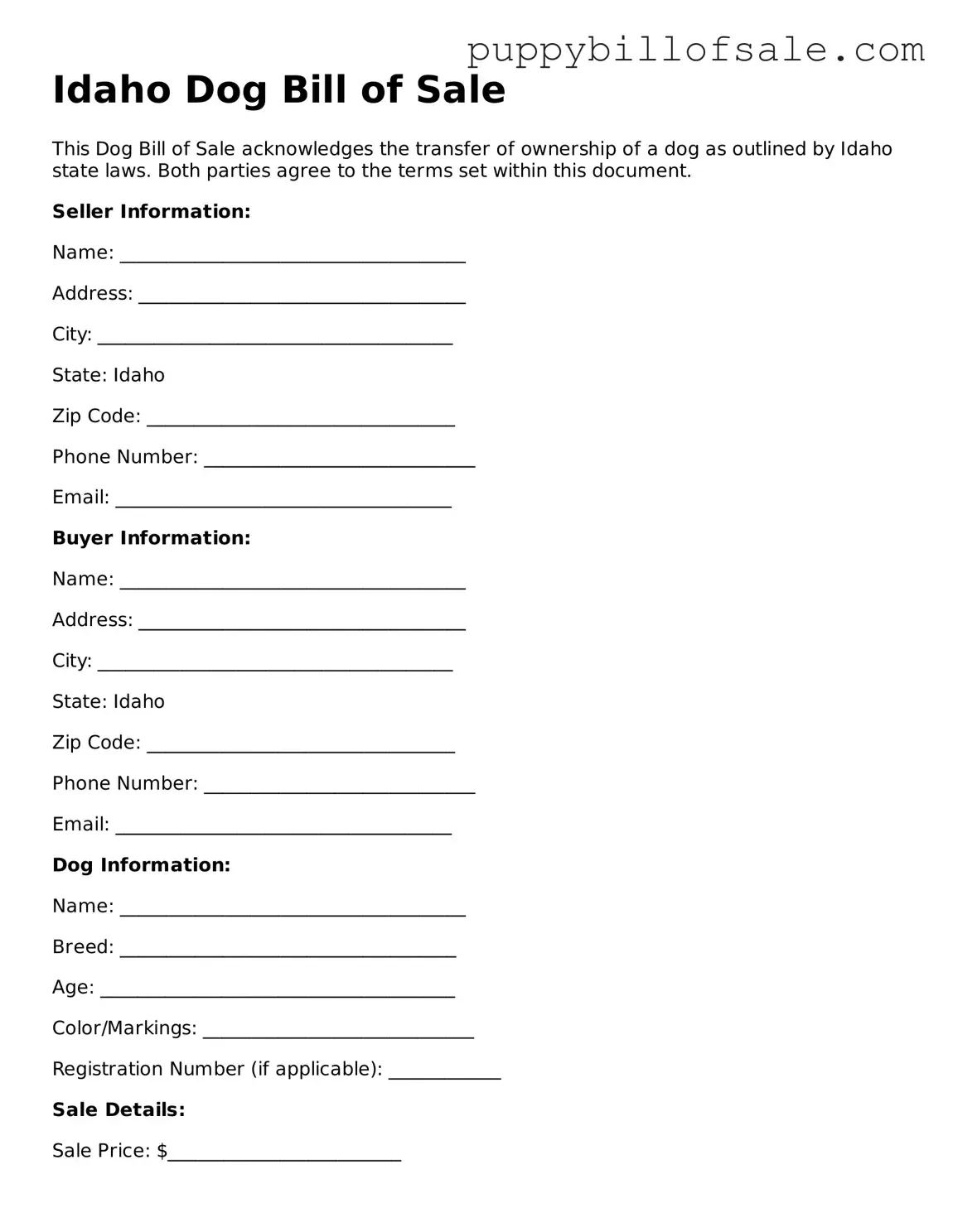 Dog Bill of Sale Document for Idaho State