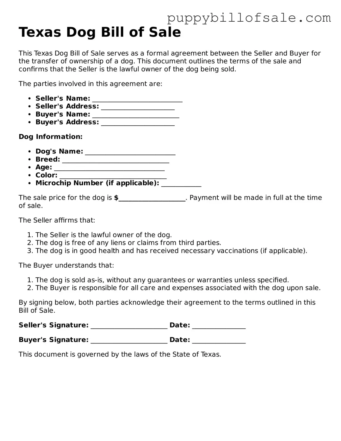 Dog Bill of Sale Document for Texas State